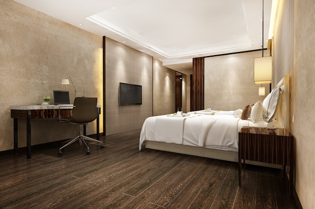 Representación 3d hermosa suite de dormitorio de lujo en hotel con tv y mesa de trabajo