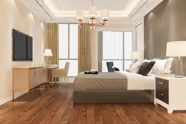 Representación 3D hermosa suite de lujo en el hotel con TV