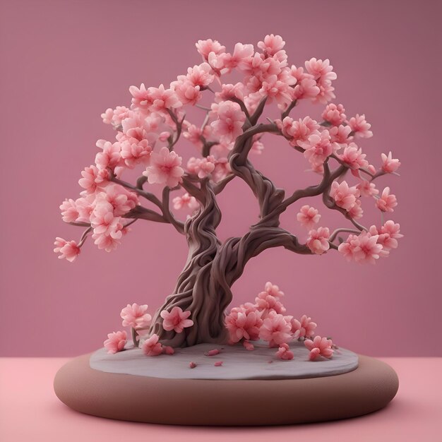 Representación 3D de un hermoso cerezo en flor en un podio