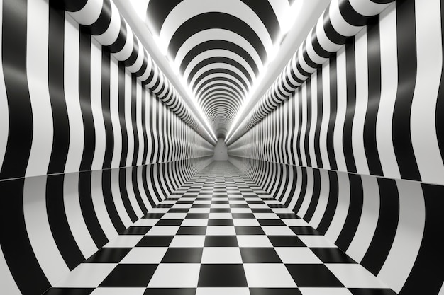 Representación 3D de ilusión óptica en blanco y negro.