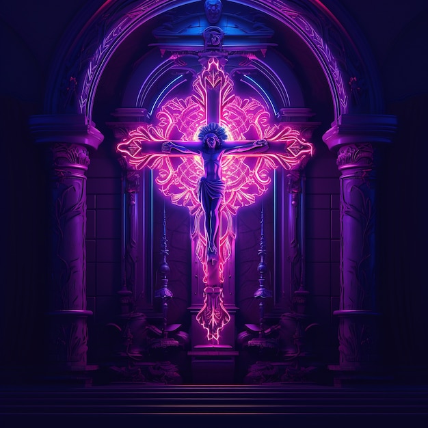 Representación 3D de Jesús en una cruz de neón.