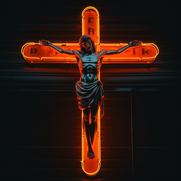 Foto gratuita representación 3d de jesús en una cruz de neón.