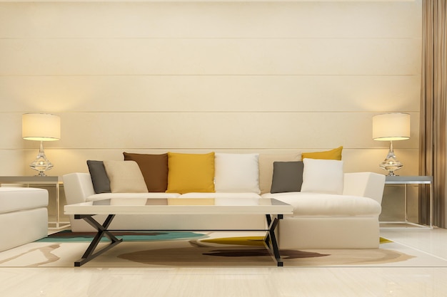 Representación 3D maqueta decoración de madera en la sala de estar con sofá estilo clásico