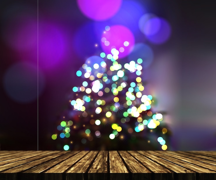 Foto gratuito representación 3d de una mesa de madera sobre un fondo de árbol de navidad desenfocado