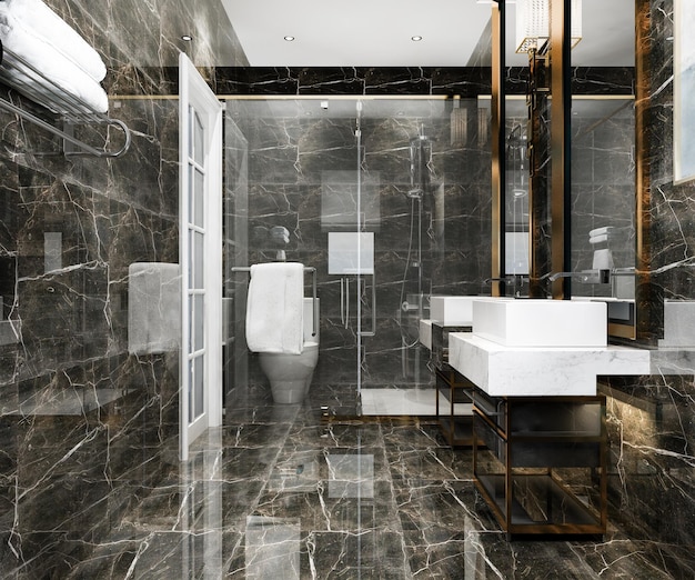 Representación 3D moderno baño negro con decoración de azulejos de lujo
