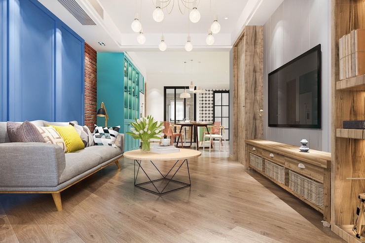 Foto gratuito representación 3d de moderno comedor y sala de estar con decoración de lujo y sofá verde
