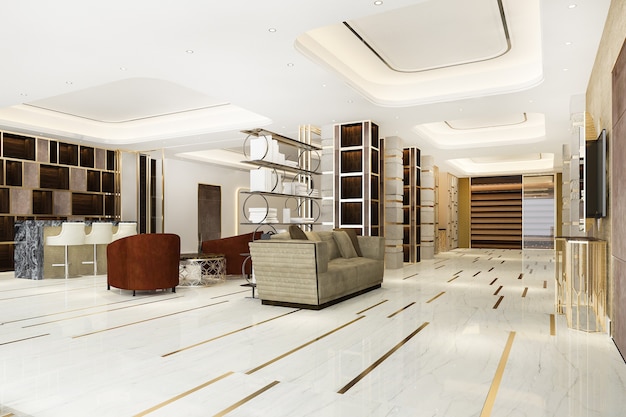 Representación 3d moderno hotel de lujo y recepción de oficinas y salón de reuniones