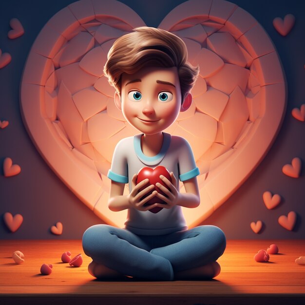 Representación 3D de un niño de dibujos animados con el corazón roto