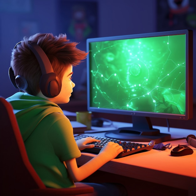 Representación 3D de un niño jugando un juego digital