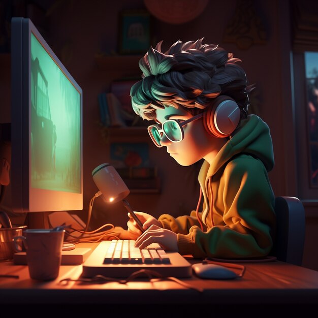 Representación 3D de un niño jugando un juego digital