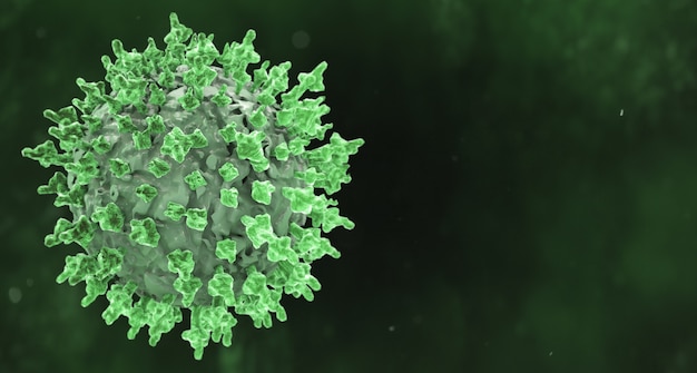 Representación 3D de la pandemia de la enfermedad del Coronavirus verde sobre un fondo oscuro