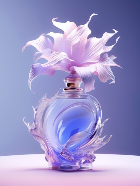 Representación 3D de perfume con flores.