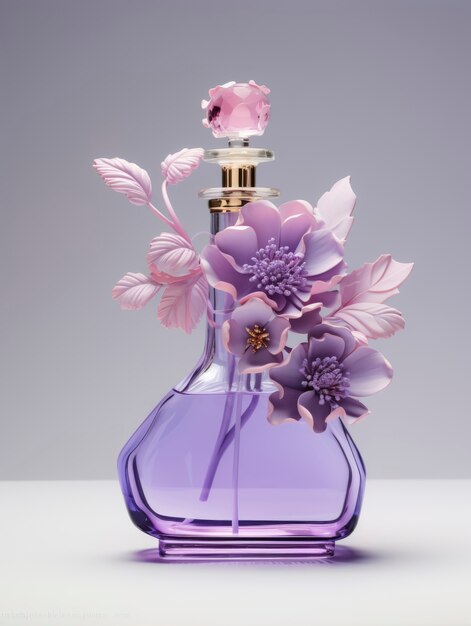 Representación 3D de perfume con flores.