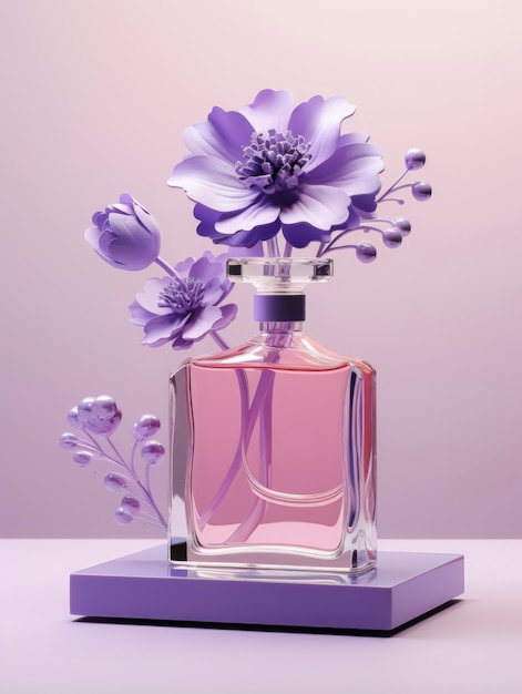Representación 3D de perfume con flores.