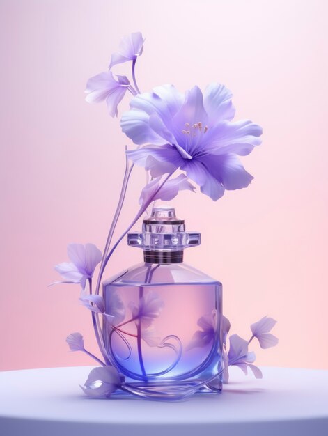 Representación 3D de perfume con flores.