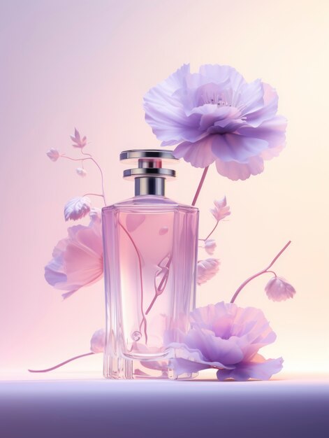 Representación 3D de perfume con flores.