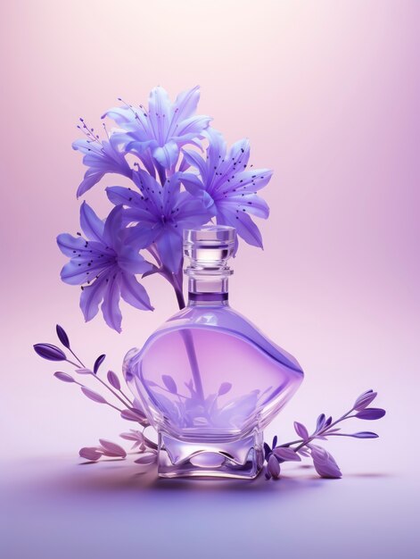 Representación 3D de perfume con flores.