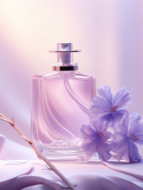 Representación 3D de perfume con flores.