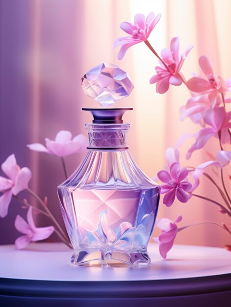 Representación 3D de perfume con flores.