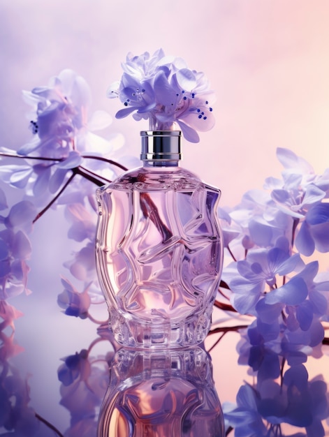 Representación 3D de perfume con flores.