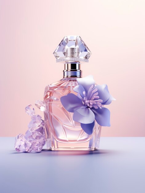 Representación 3D de perfume con flores.