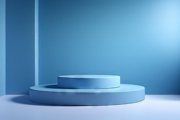 Representación 3D de un podio redondo minimalista de color azul claro para la presentación de productos