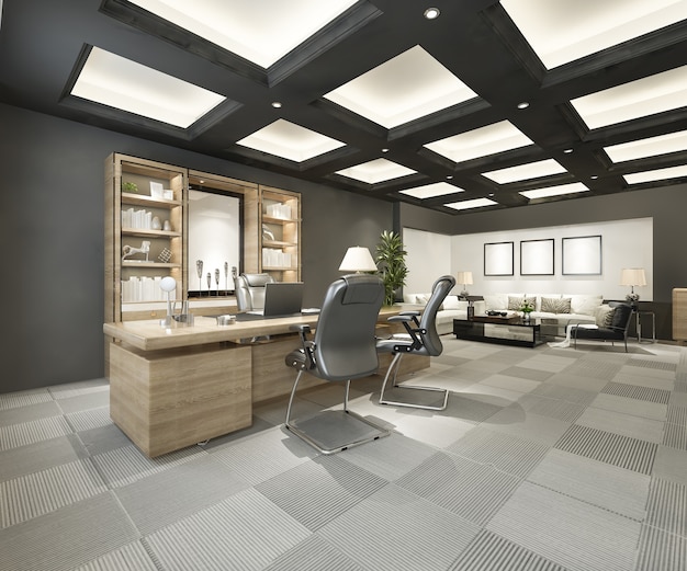 Representación 3D de reuniones de negocios de lujo y sala de trabajo en la oficina ejecutiva