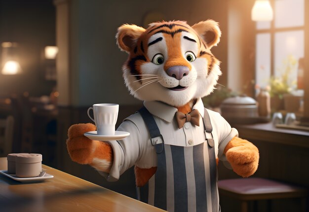 Representación 3D de tigre de dibujos animados como barista