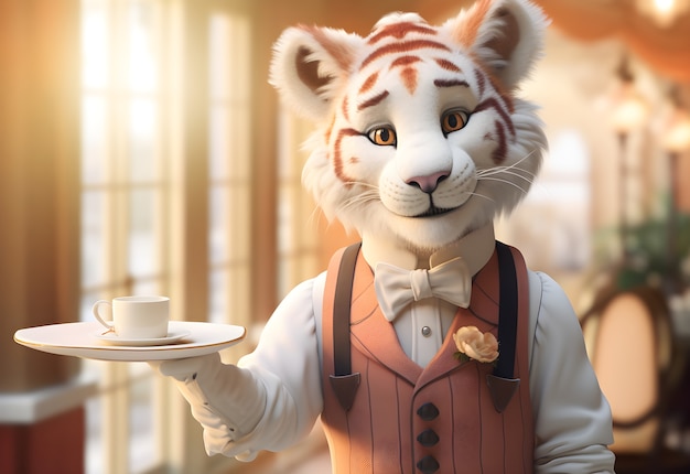 Representación 3D de tigre de dibujos animados como barista