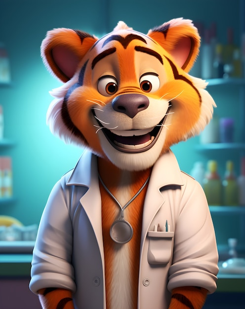 Representación 3D de tigre de dibujos animados como médico