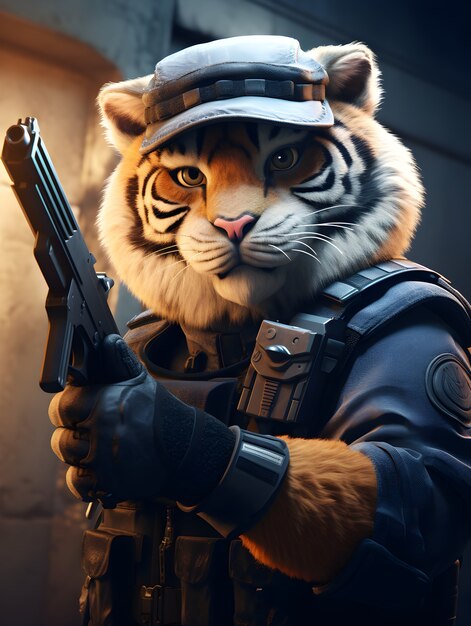 Representación 3D de un tigre de dibujos animados como oficial de policía