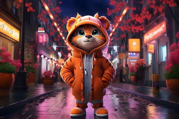 Representación 3D de tigre joven en la ciudad