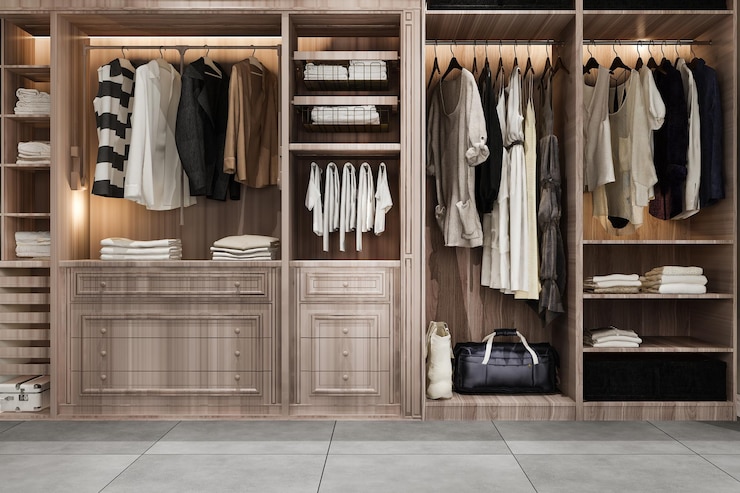 Foto gratuito representación 3d vestidor de madera escandinavo mínimo con armario