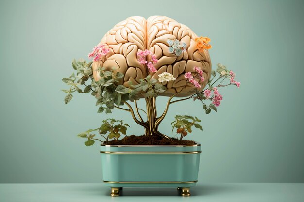 Representación del cerebro humano como planta o árbol en maceta.