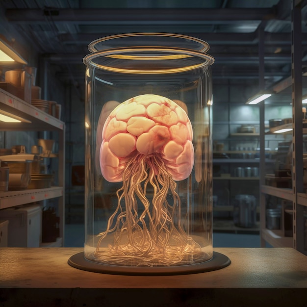 Representación del cerebro humano en una pantalla de cristal transparente.