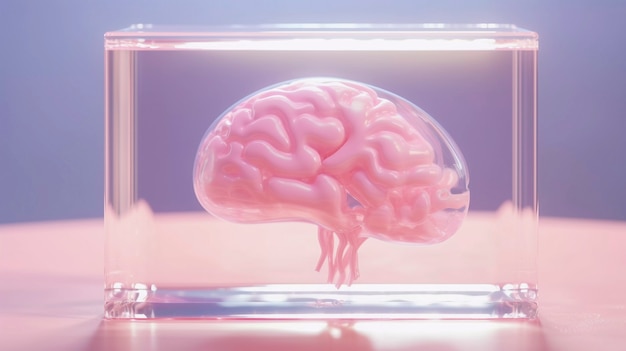 Representación del cerebro humano en una pantalla de cristal transparente.