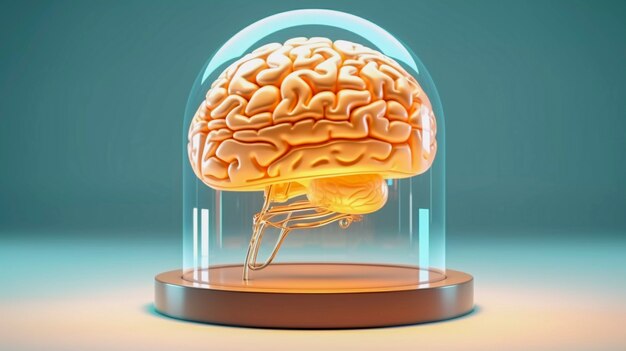 Representación del cerebro humano en una pantalla de cristal transparente.