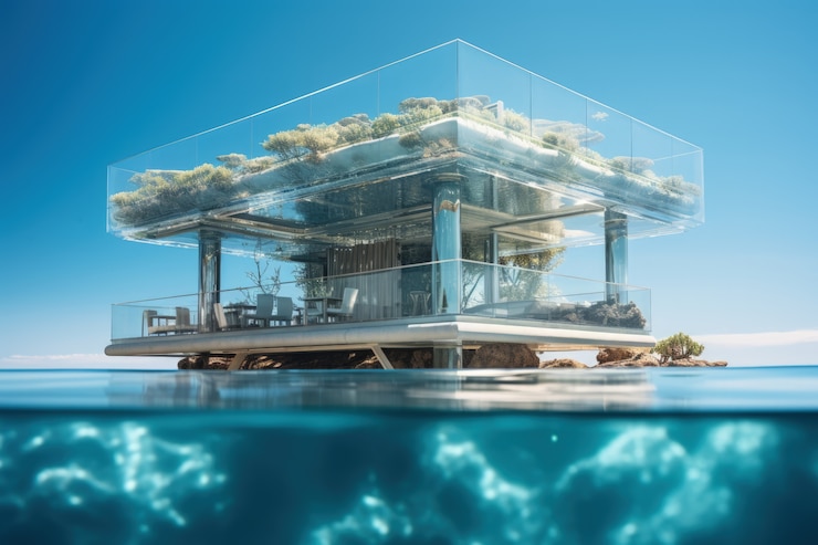 Foto gratuito representación futurista de la arquitectura de las casas acuáticas