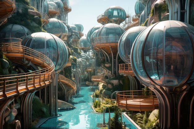 Representación futurista de una ciudad construida sobre el agua