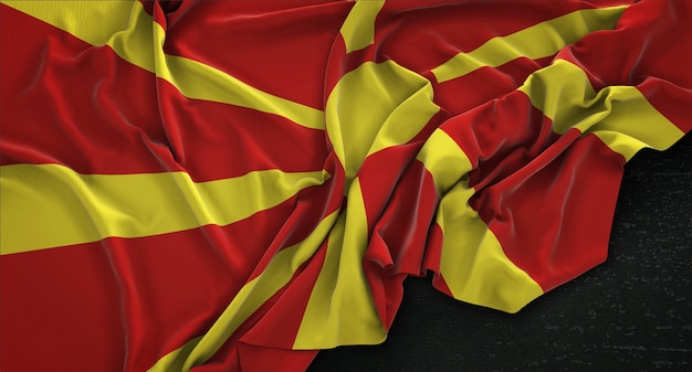 República de Macedonia Bandera Arrugada Sobre Fondo Oscuro 3D Render