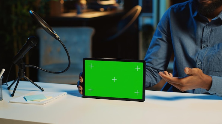 Foto gratuito las reseñas de influencers de la tableta de maqueta de primer plano