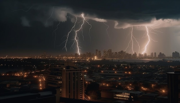 Resplandeciente paisaje urbano en peligro en medio de una tormenta eléctrica generada por IA