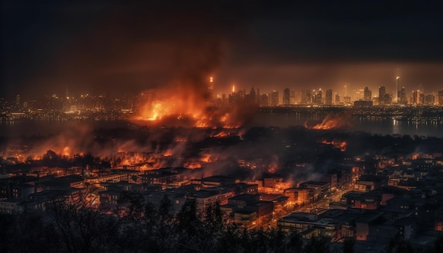 Resplandeciente rascacielos enciende un infierno en paisaje urbano generado por IA