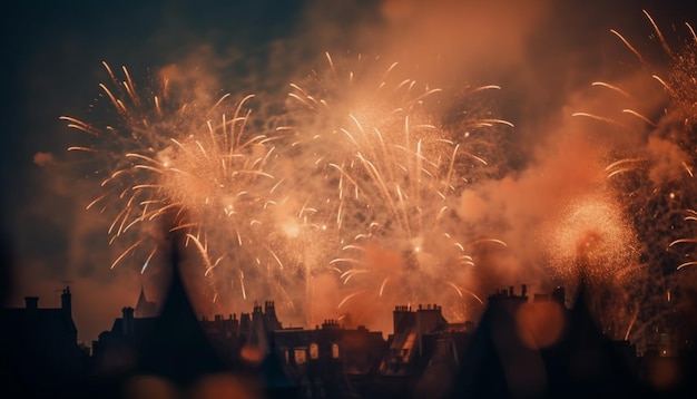 Resplandecientes fuegos artificiales en el horizonte de la ciudad encienden una celebración generada por IA