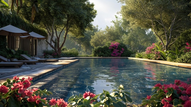 Foto gratuita un retiro de verano junto a la piscina rodeado de naturaleza.