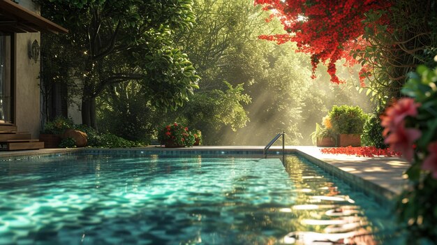 Un retiro de verano junto a la piscina rodeado de naturaleza.