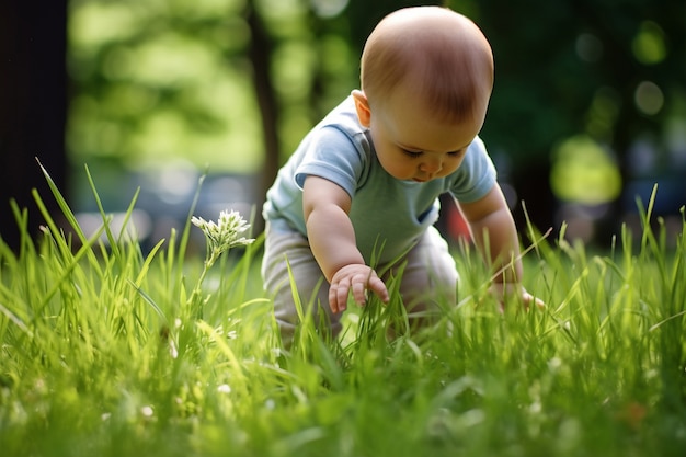 Foto gratuita retrato de un adorable bebé recién nacido caminando por la hierba