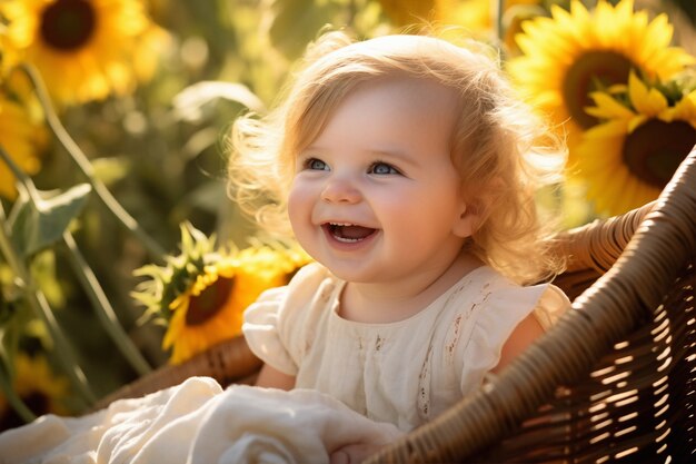 Retrato de un adorable bebé recién nacido en una canasta con girasoles