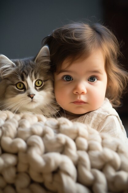 Retrato de un adorable bebé recién nacido con un gato