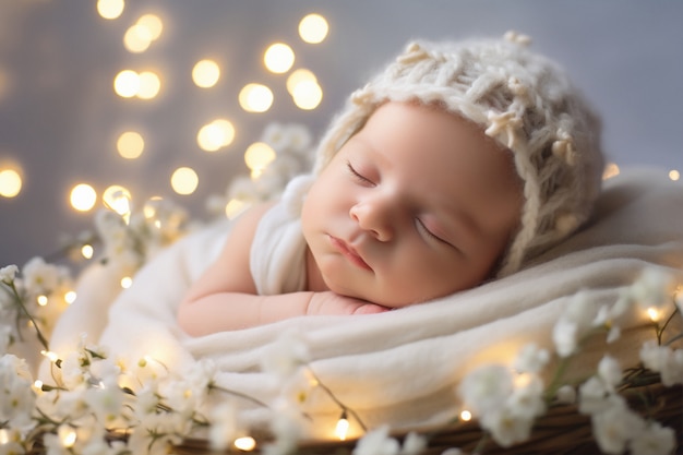 Retrato de un adorable bebé recién nacido con luces